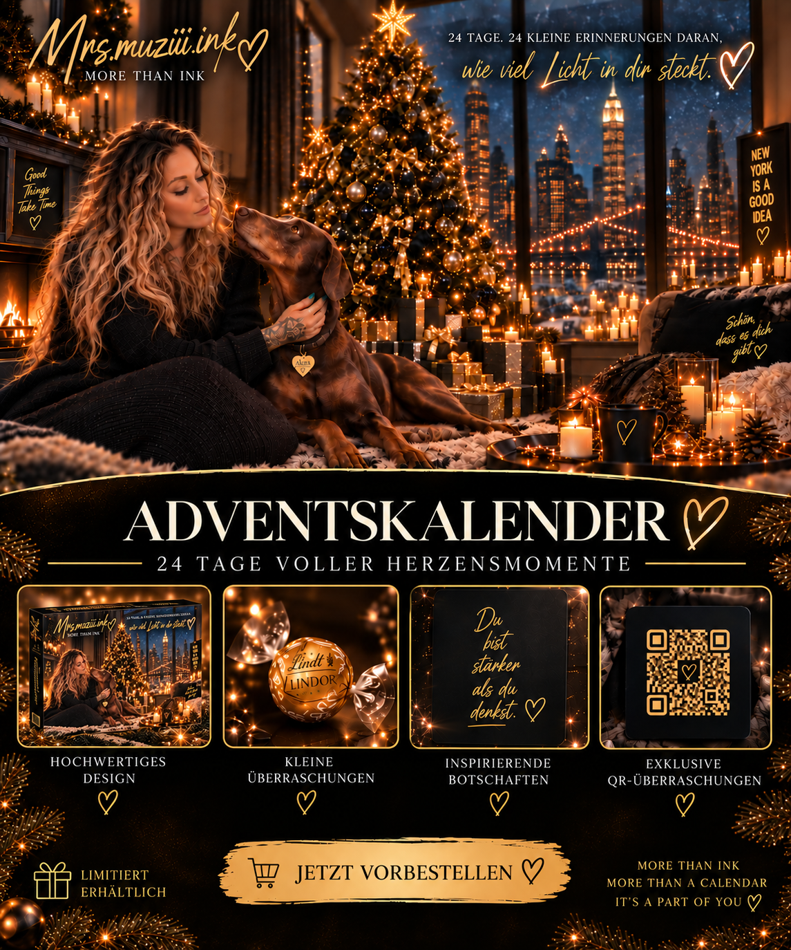Vorschau des Mrs.Muziii.ink Adventskalenders mit dem finalen Weihnachtsmotiv, kleinen Überraschungen, Botschaften und QR-Inhalten