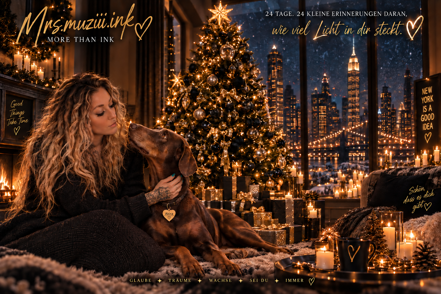 Muzi und Akira vor dem vollständigen Weihnachtsbaum mit korrekt sitzendem Stern